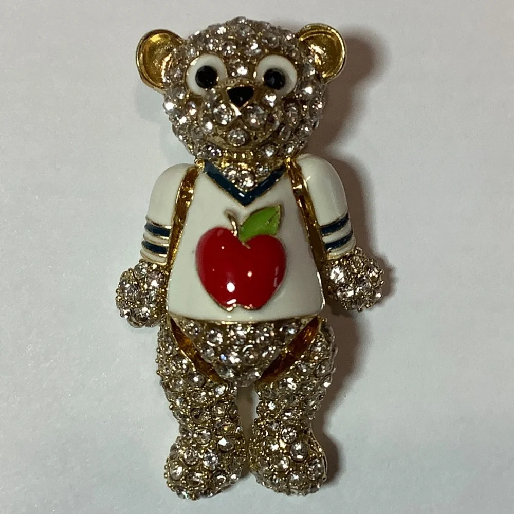 Gold-Tone Crystal Bear Apple Brooch - Picture 3 of 10